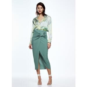 ZARA Blogger Fave Sea Green Front Wrap Midi Skirt Knot Detail NWT